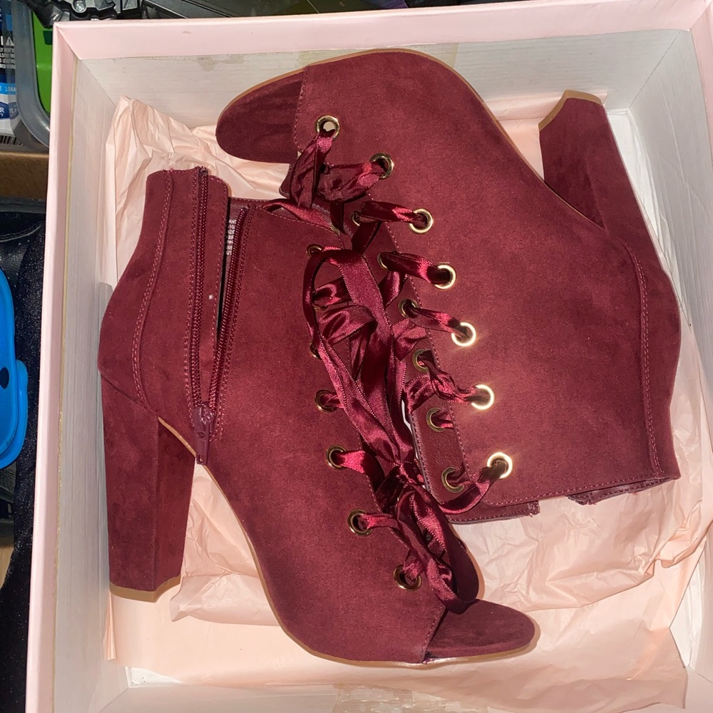 Burgundy suede heeled booties